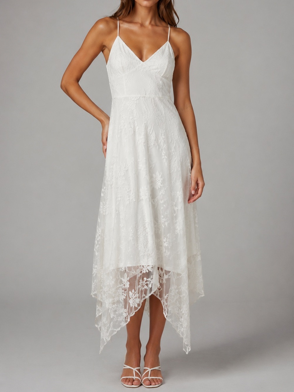 Storia White Floral Babydoll Lace Handkerchief Hem Cami Dress Bridal Large